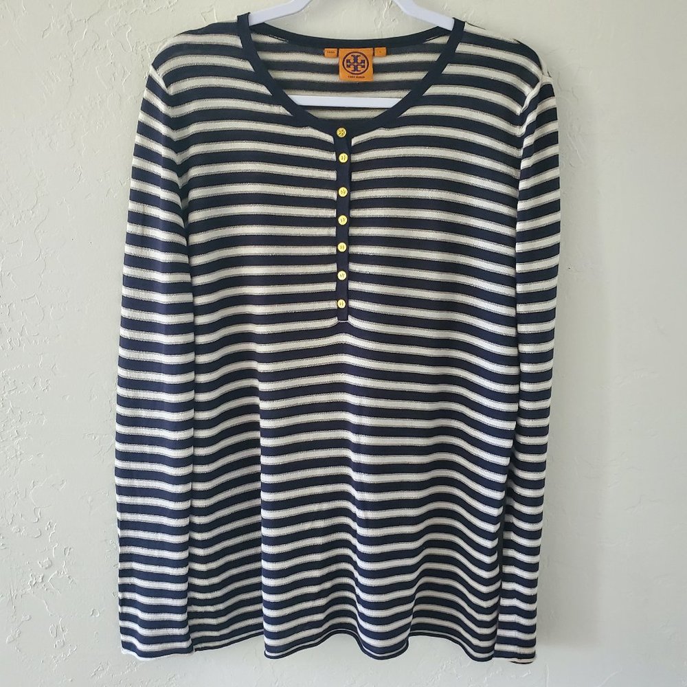 Tory Burch Sweater Top Size Large Navy White Silver Stripes Gold Buttons Silk